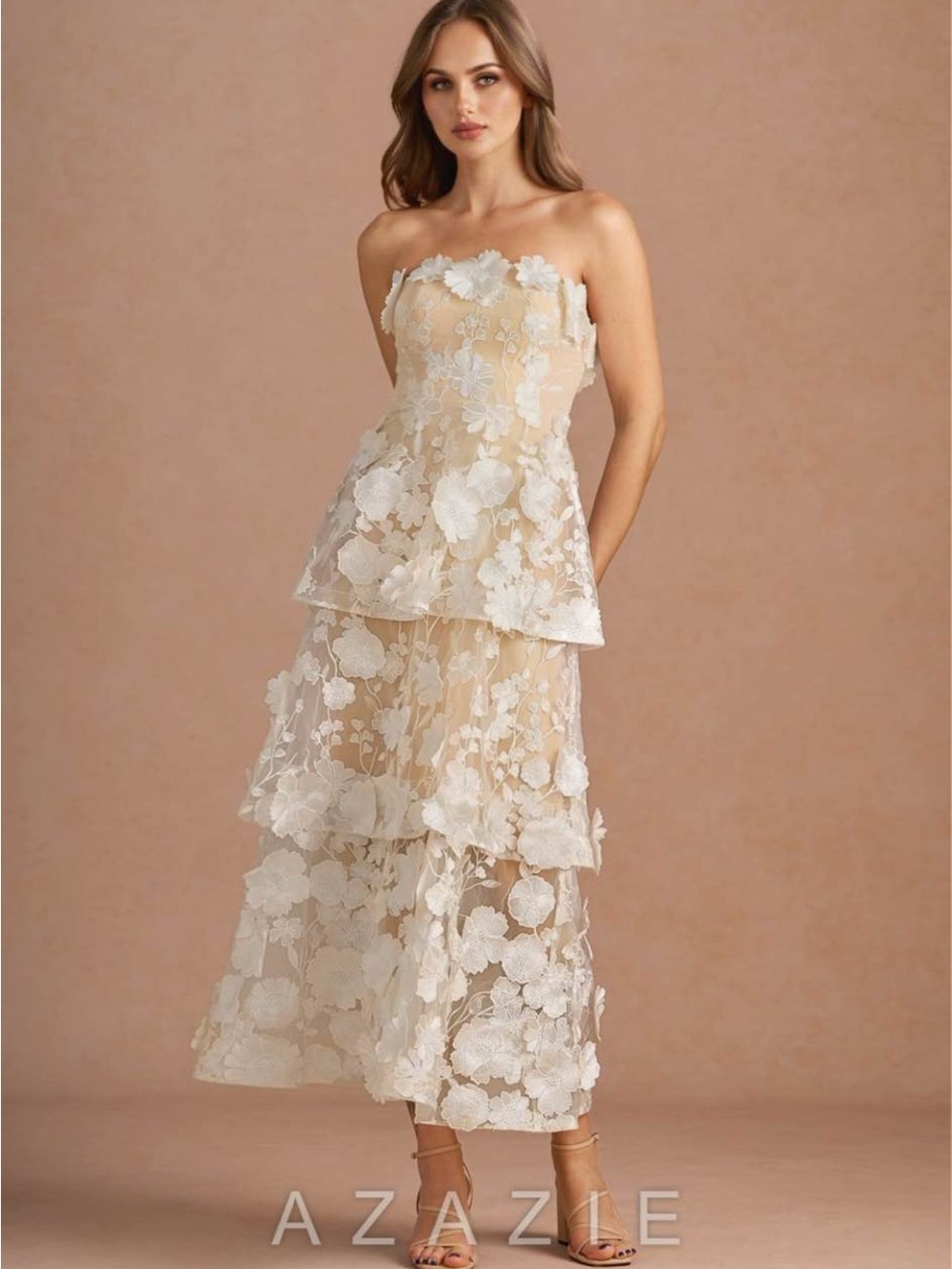 Azazie Strapless Ivory and Nude Floral Tiered Gown